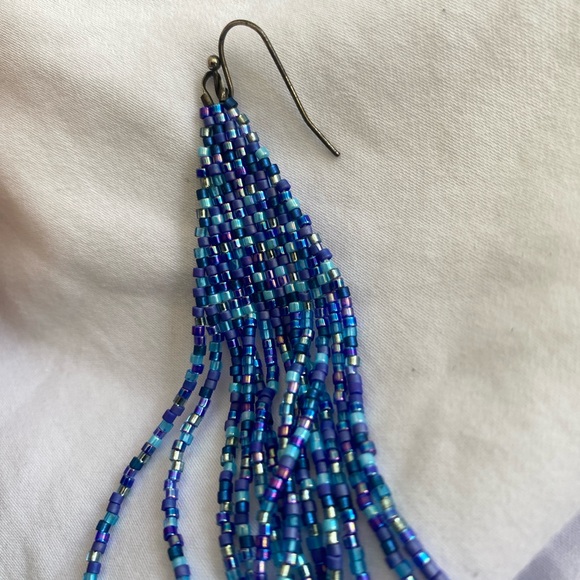 Blue Purple Beaded Fringe Earrings - Picture 2 of 5